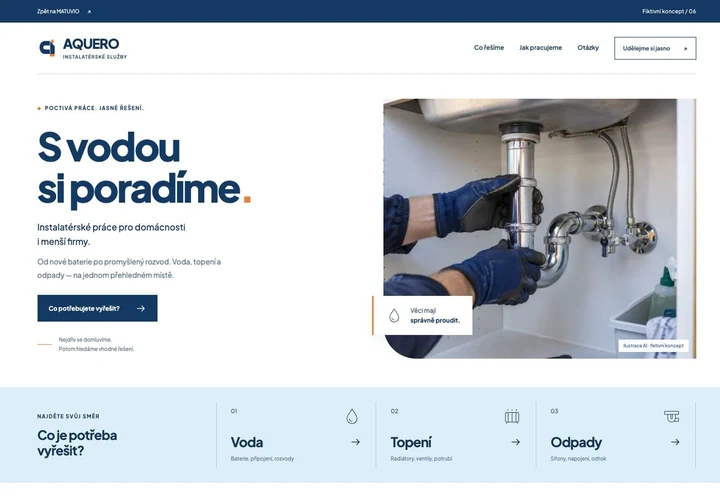 Skutečný náhled vytvořeného webu AQUERO na počítači: modrobílá servisní prezentace a přehledné rozdělení služeb.
