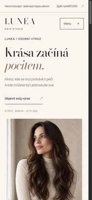 Skutečná mobilní podoba fiktivního webu LUNEA STUDIO.