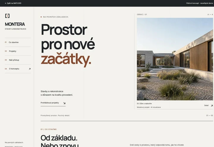 Skutečný náhled vytvořeného webu MONTERA na počítači: architektonický list s boční navigací a velkým obrazem stavby.