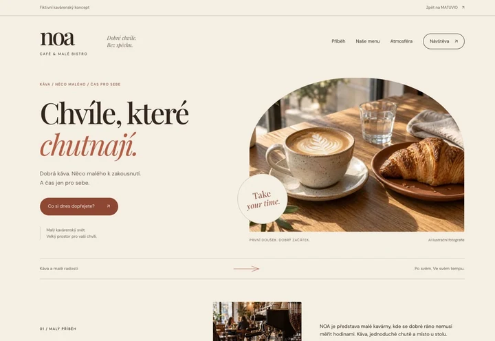 Skutečný náhled úvodní stránky fiktivního webu NOA CAFÉ na počítači.