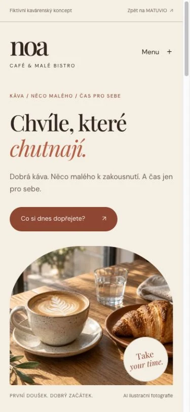 Skutečná mobilní podoba fiktivního webu NOA CAFÉ.