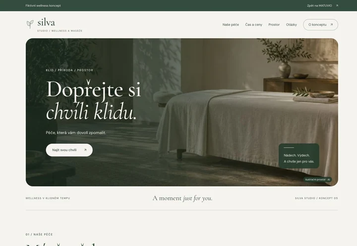Skutečný náhled vytvořeného webu SILVA na počítači: přírodní wellness se šalvějovou barvou a klidnou fotografií.