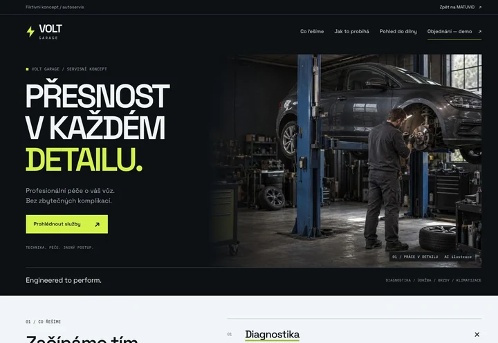 Skutečný náhled úvodní stránky fiktivního webu VOLT GARAGE na počítači.