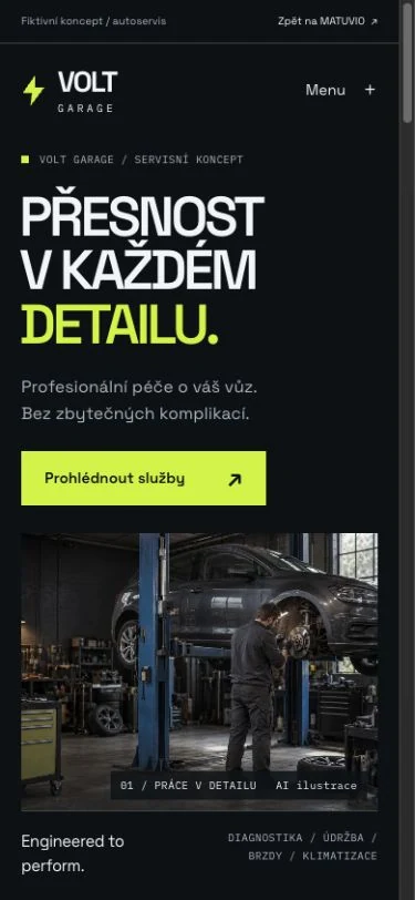 Skutečná mobilní podoba fiktivního webu VOLT GARAGE.