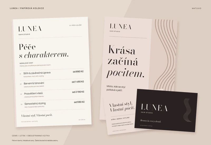 Autorská fiktivní grafická sada LUNEA STUDIO: salonní ceník · vizitka · leták. Módní typografie, přirozené tóny a plynulé vlasové linie.