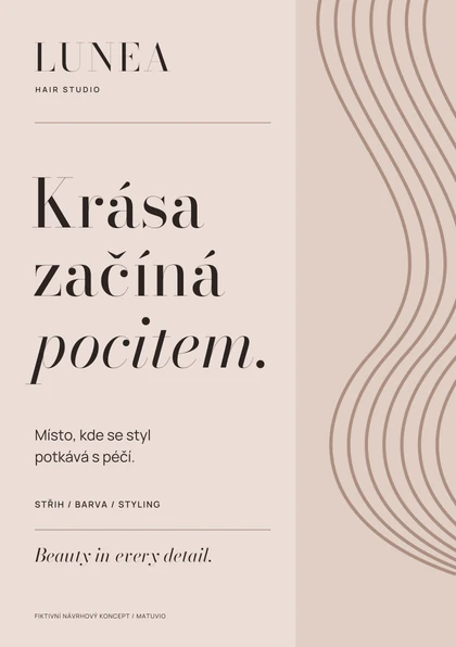 Pudrový leták LUNEA se sloganem Krása začíná pocitem, výraznou módní typografií a velkým jemným motivem pramenů.