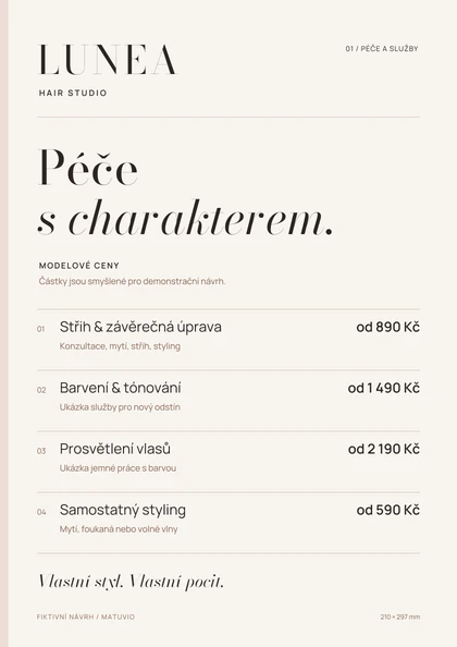 Ceník LUNEA s titulkem Péče s charakterem a čtyřmi modelovými cenami. Stejné položky jsou čitelné v textovém přehledu vedle obrázku.