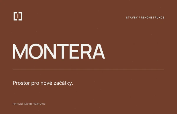 Tmavě rezavá vizitka MONTERA s velkým krémovým názvem, geometrickým znakem a jemnou autorskou stylizací materiálového povrchu.