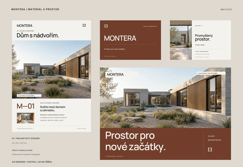 Autorská fiktivní grafická sada MONTERA: projektový list · vizitka · leták. Fotografický dossier, materiálové tóny a výrazný architektonický leták na šířku.