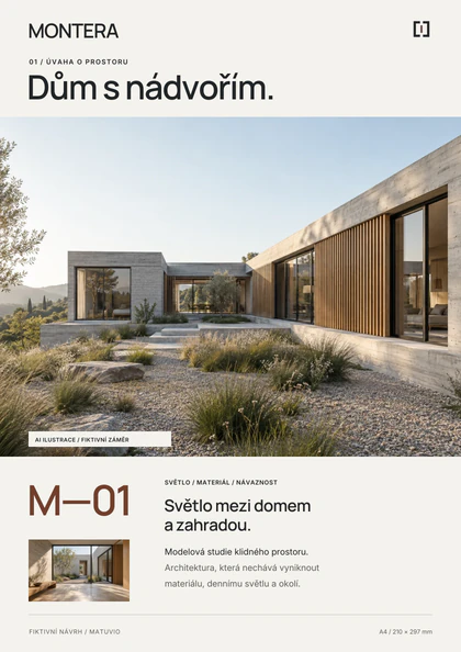 Fotografický projektový dossier MONTERA Dům s nádvořím. Ilustrační architektura, přesná sazba a projektový kód M—01.