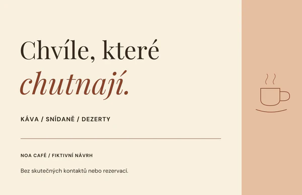 Krémová zadní vizitka: Chvíle, které chutnají. Káva, snídaně a dezerty. Bez skutečných kontaktů nebo rezervací.