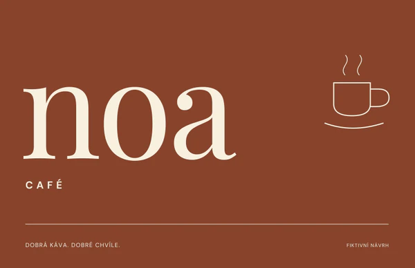 Terakotová přední strana vizitky noa CAFÉ s krémovou serifovou typografií a autorským šálkem.