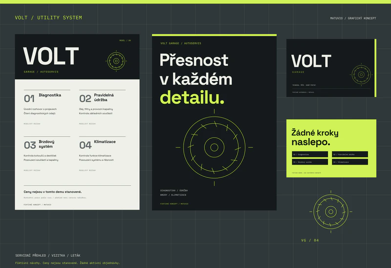 Autorská fiktivní grafická sada VOLT GARAGE: přehled služeb · vizitka · leták. Technická přesnost, výrazný kontrast a vlastní systém servisních diagramů.