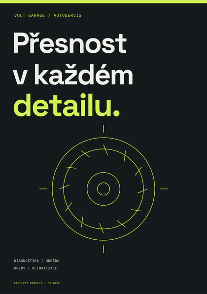 Grafitový leták VOLT s výraznou typografií Přesnost v každém detailu a lime geometrií brzdového kotouče. Fiktivní koncept MATUVIO.