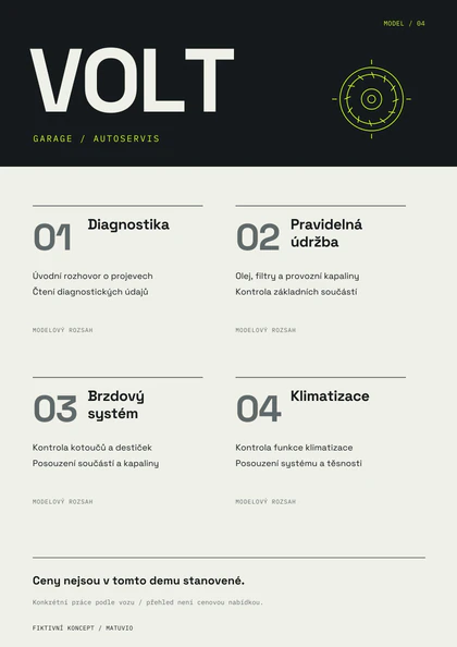 A4 přehled VOLT se čtyřmi modelovými oblastmi: Diagnostika, Pravidelná údržba, Brzdový systém a Klimatizace. Ceny nejsou v demu stanovené.