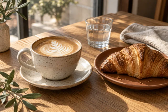 Ilustrační croissant a keramický šálek flat white na ranním stole.